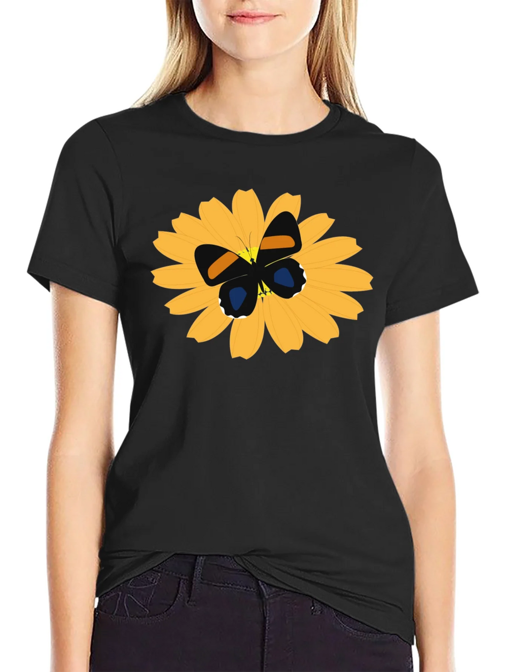 Black T-Shirt with Butterfly on Flower Design product image 2