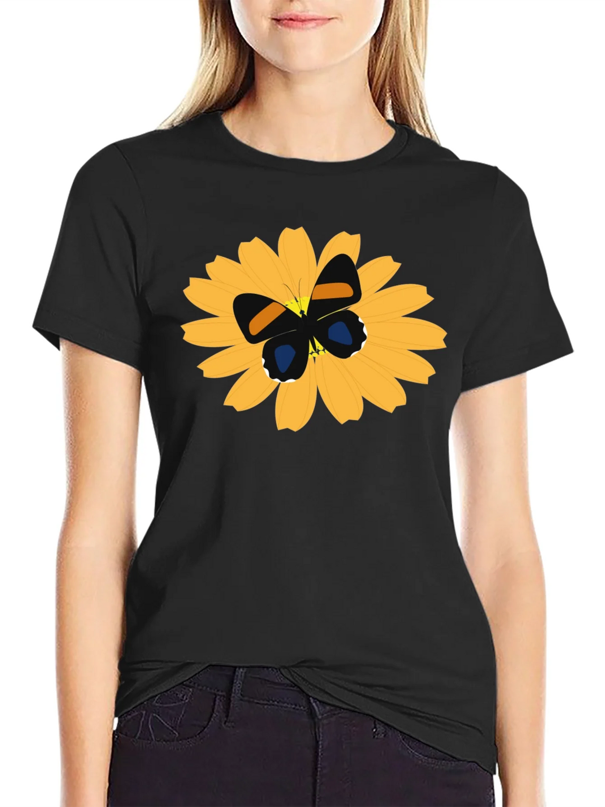 Black T-Shirt with Butterfly on Flower Design product image 2