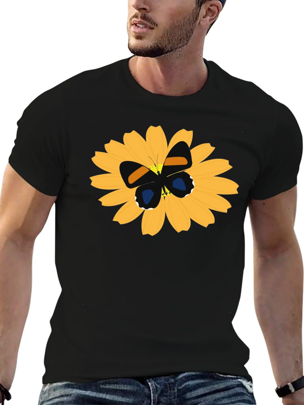 Black T-Shirt with Butterfly on Flower Design product image 6