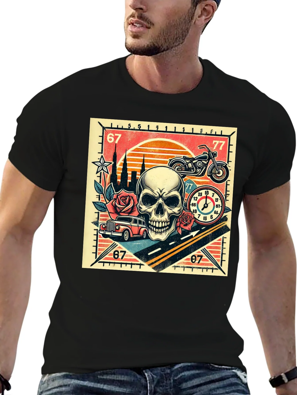 Skull Roses and Motorcycle Graphic T-Shirt product image 6