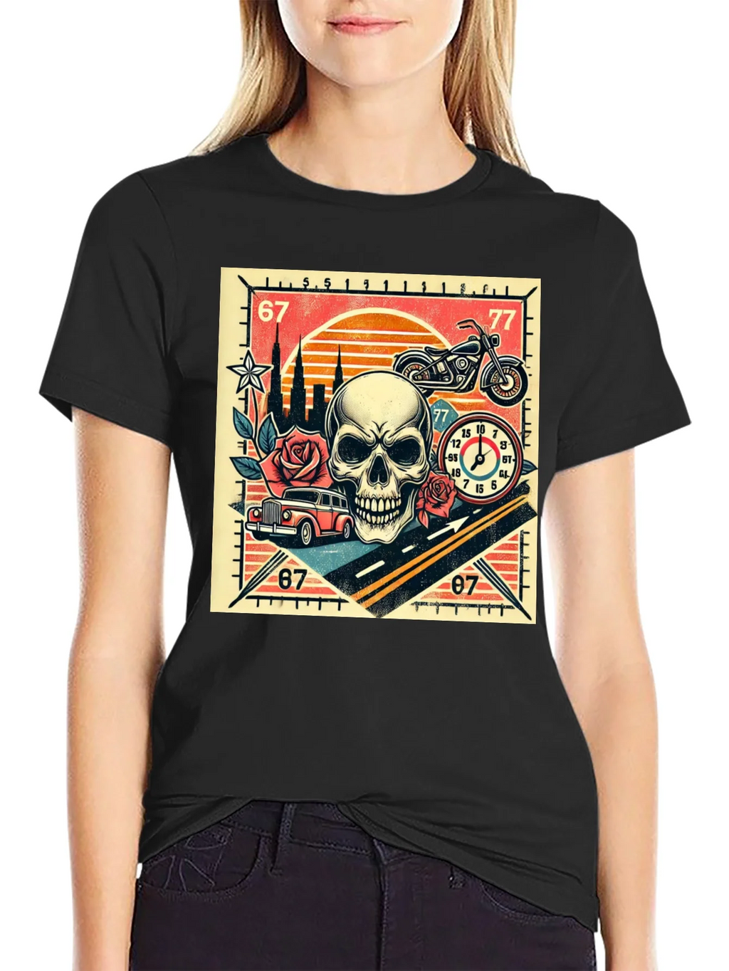 Skull Roses and Motorcycle Graphic T-Shirt product image 2