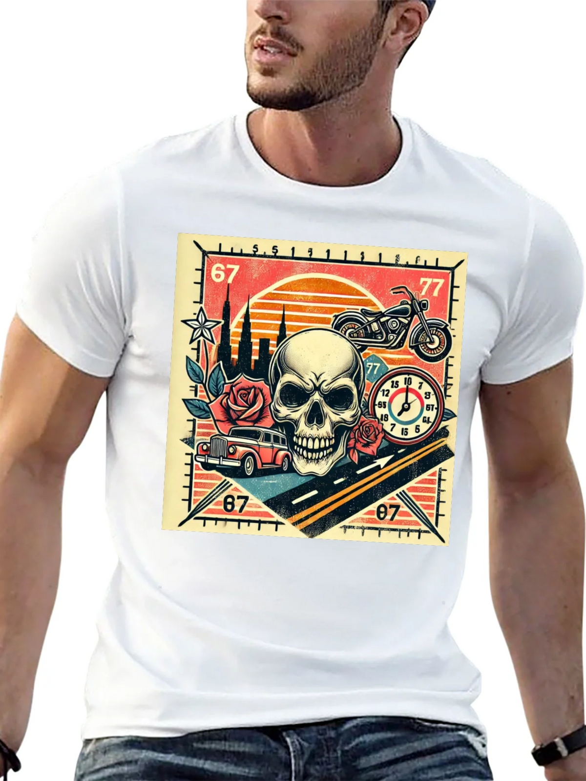 Skull Roses and Motorcycle Graphic T-Shirt product image 12