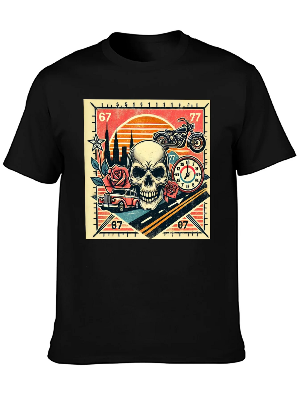 Skull Roses and Motorcycle Graphic T-Shirt product image 3