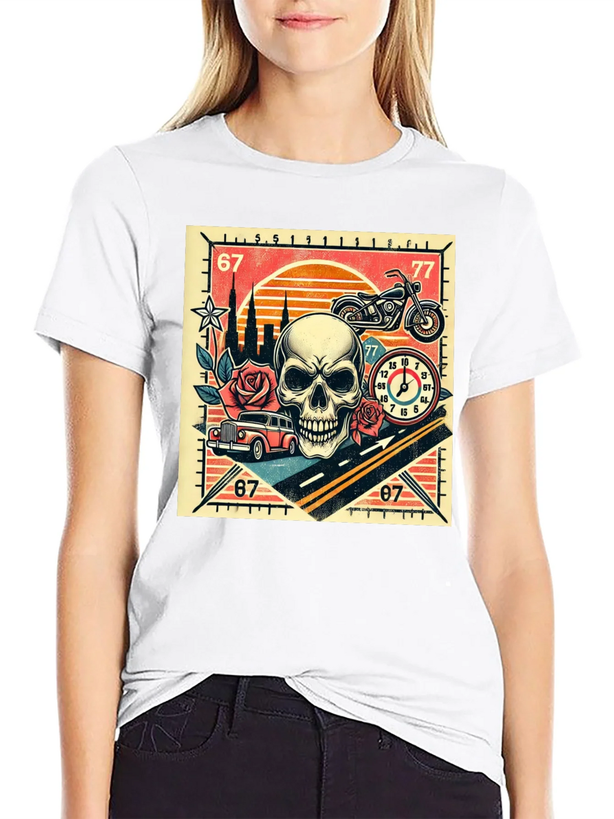 Skull Roses and Motorcycle Graphic T-Shirt product image 8