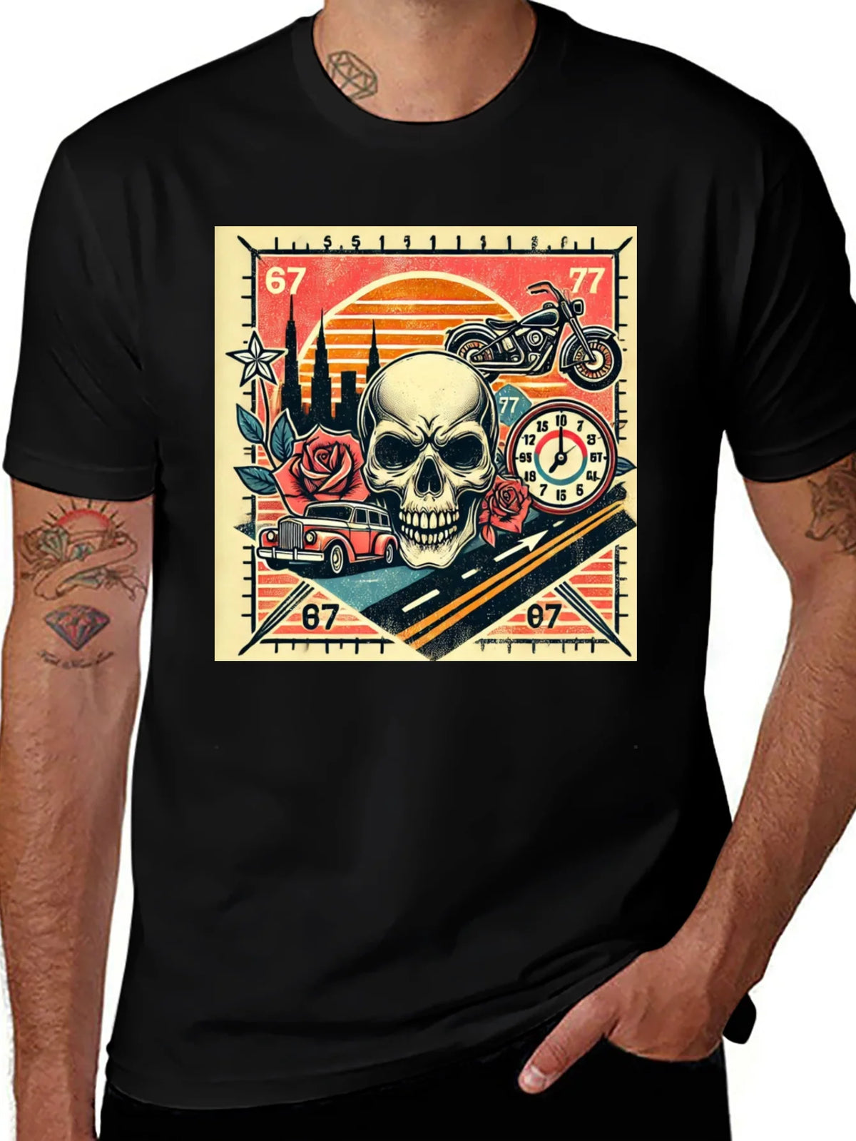 Skull Roses and Motorcycle Graphic T-Shirt product image 1