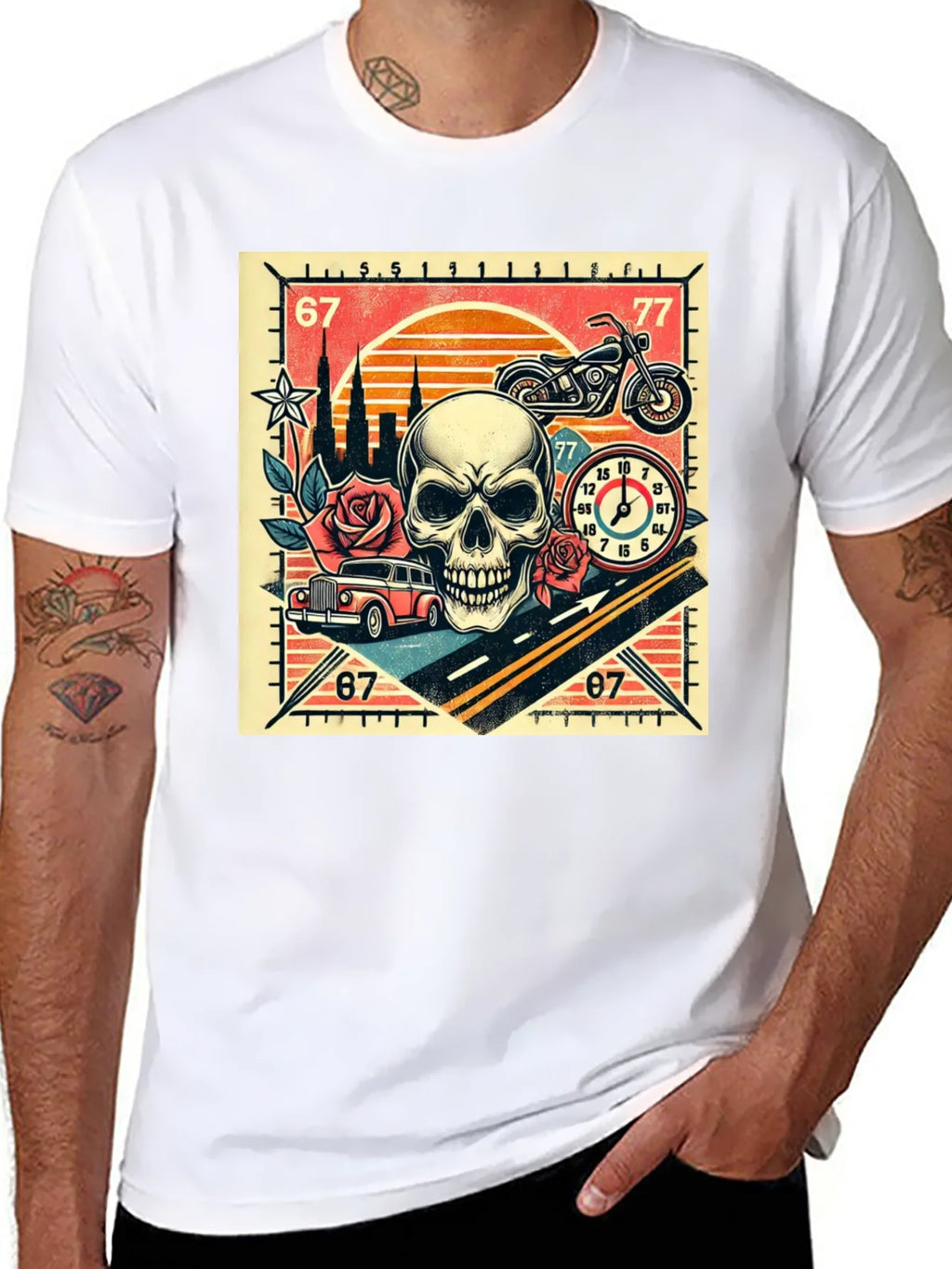 Skull Roses and Motorcycle Graphic T-Shirt product image 7
