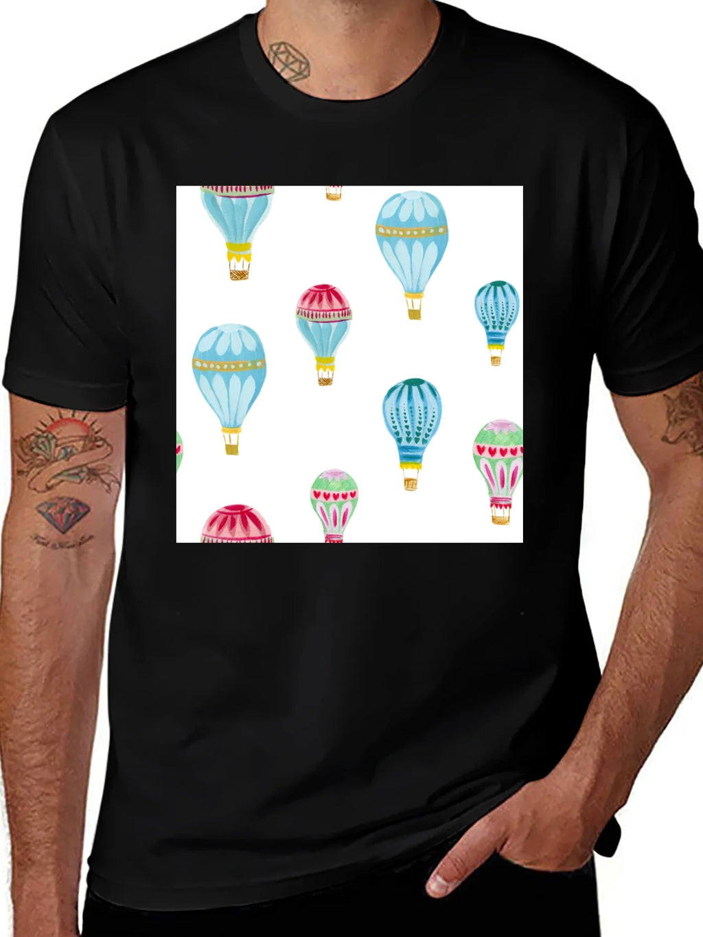 Hot Air Balloon Print Black T-Shirt product image 1