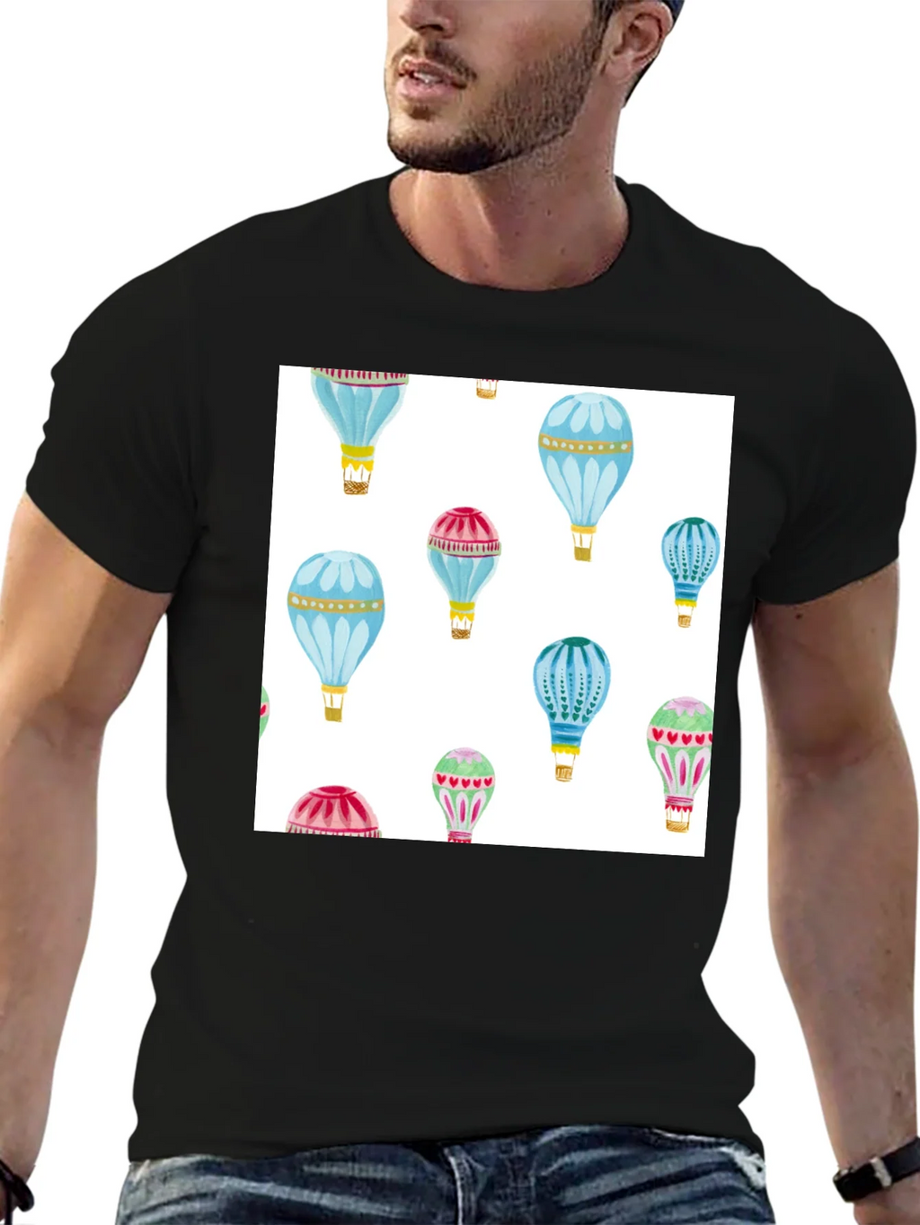 Hot Air Balloon Print Black T-Shirt product image 5
