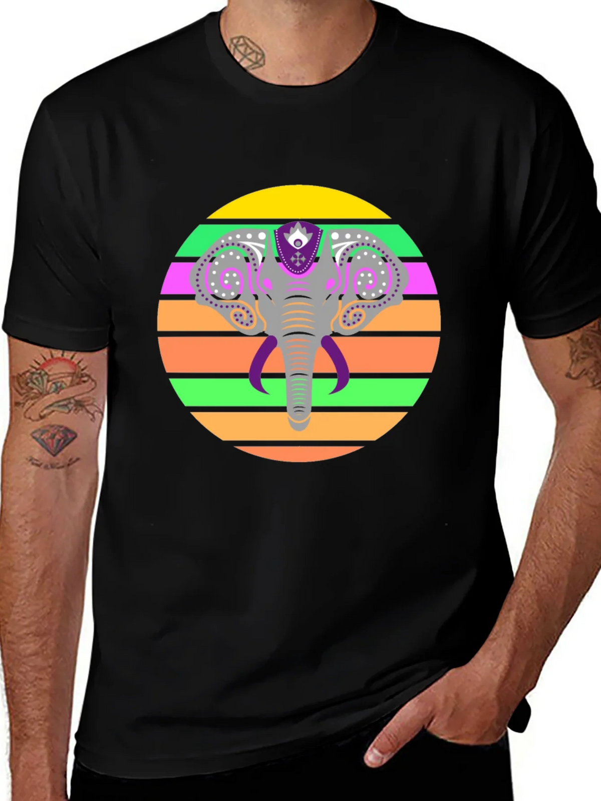 Elephant Sunset Graphic Tee - Stylish Mens Black T-Shirt product image 1