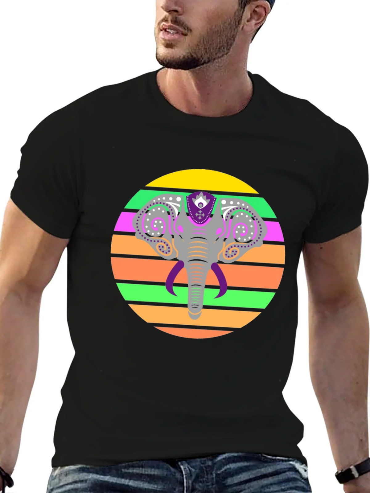 Elephant Sunset Graphic Tee - Stylish Mens Black T-Shirt product image 6