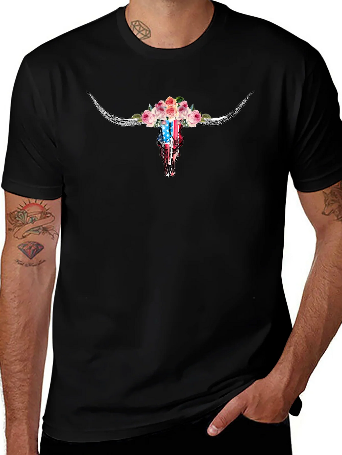 Floral Skull T-Shirt - American Flag Design product image 1