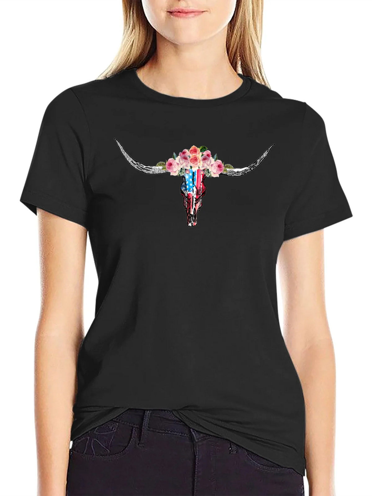 Floral Skull T-Shirt - American Flag Design product image 2