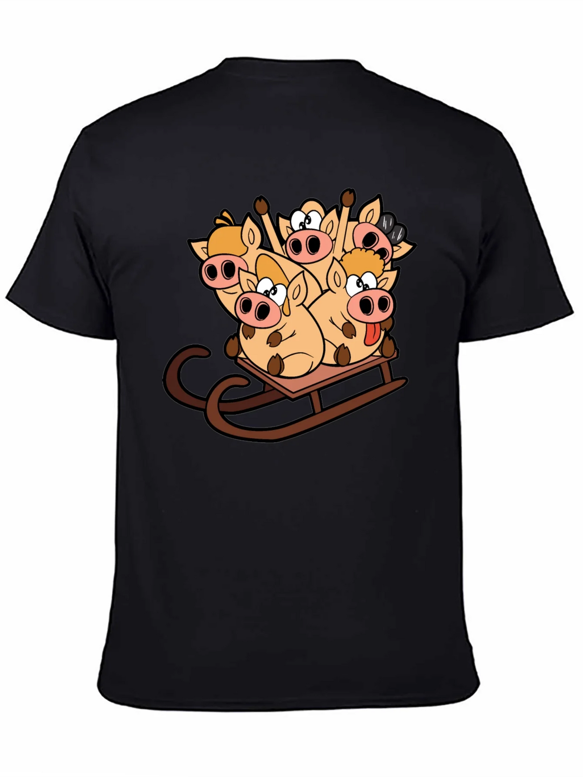 Funny Pigs on Sled Black T-Shirt product image 4