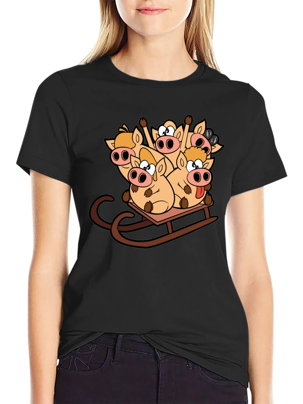 Funny Pigs on Sled Black T-Shirt product image 2