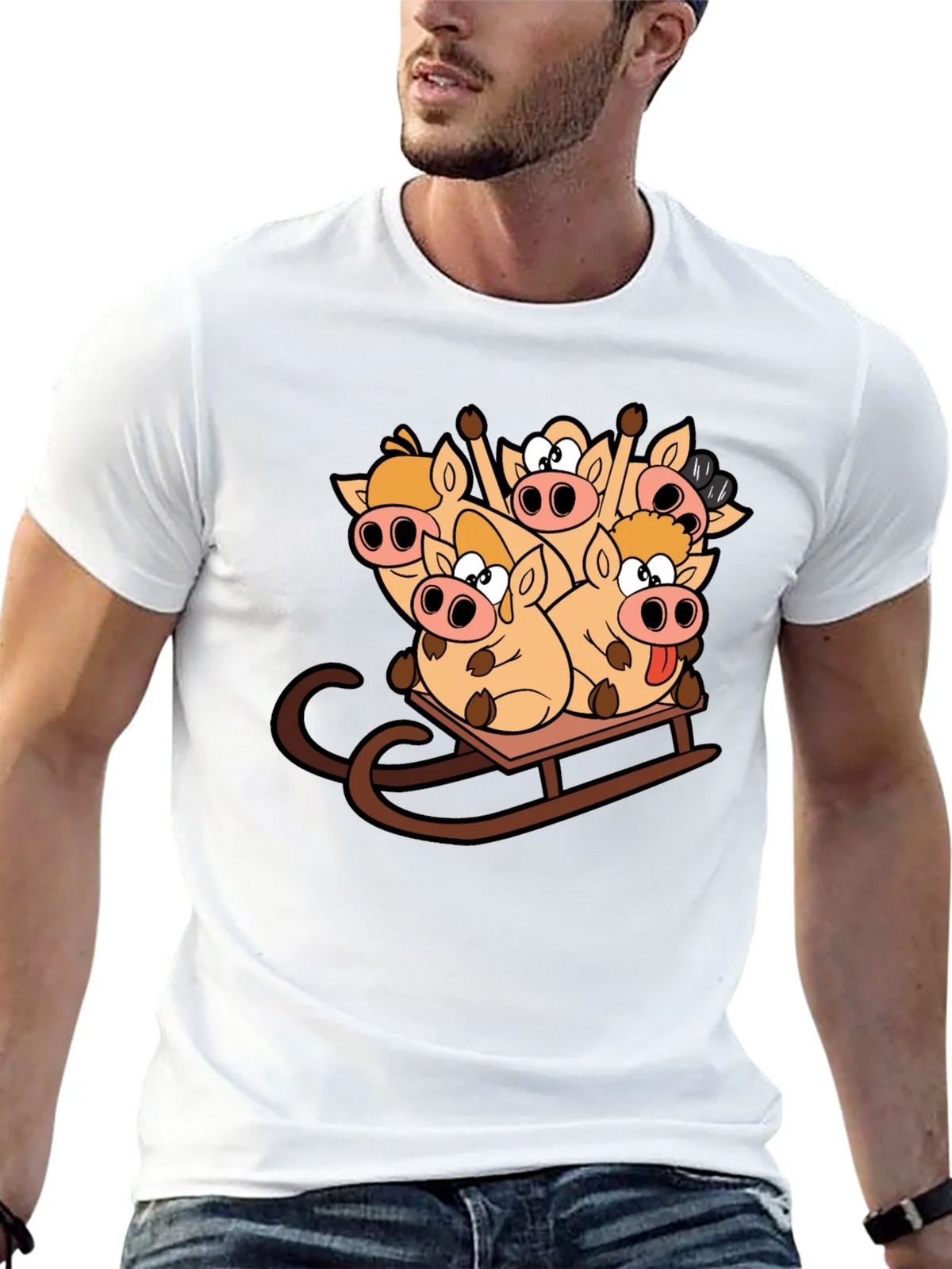 Funny Pigs on Sled Black T-Shirt product image 12