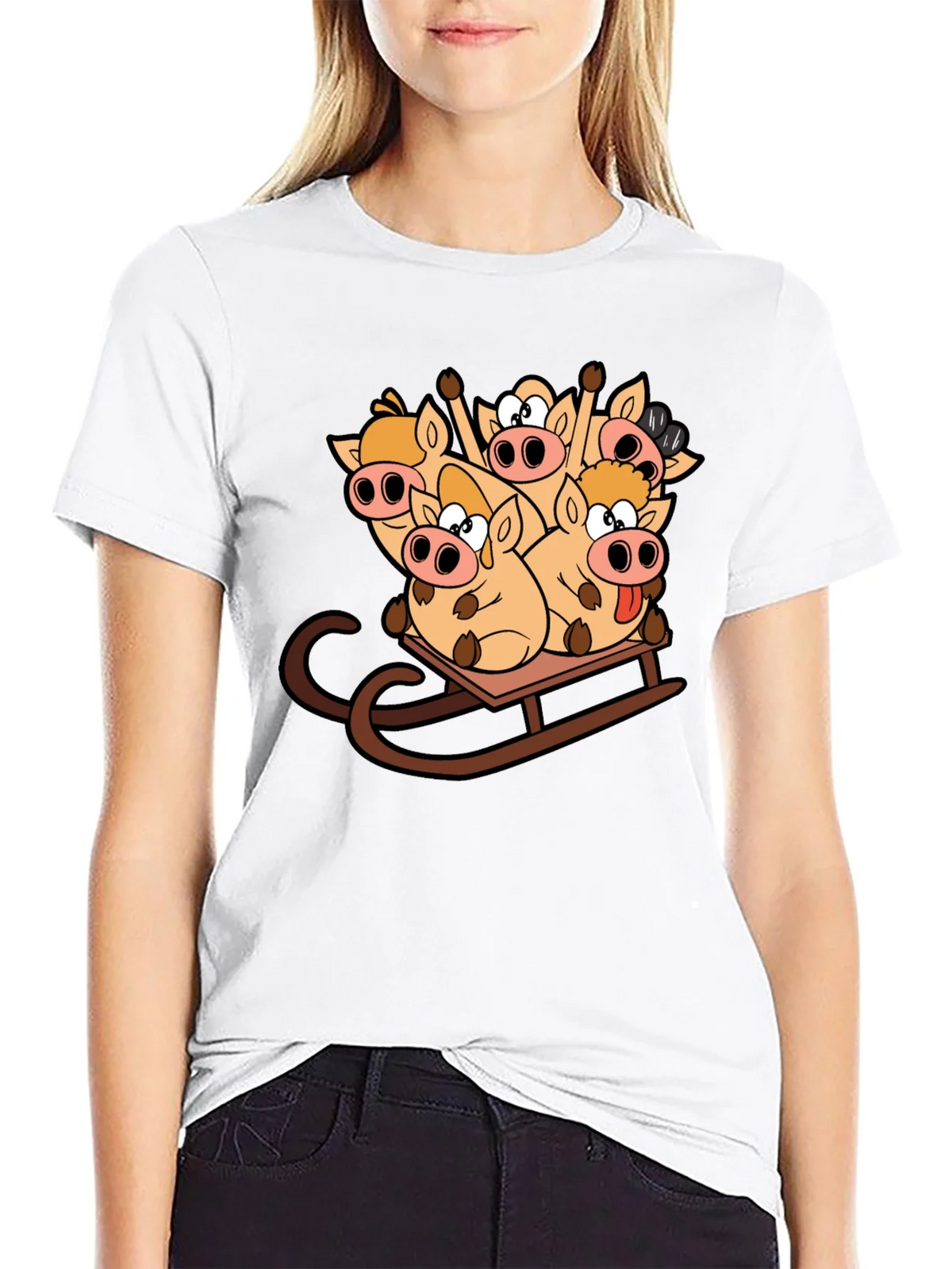 Funny Pigs on Sled Black T-Shirt product image 8