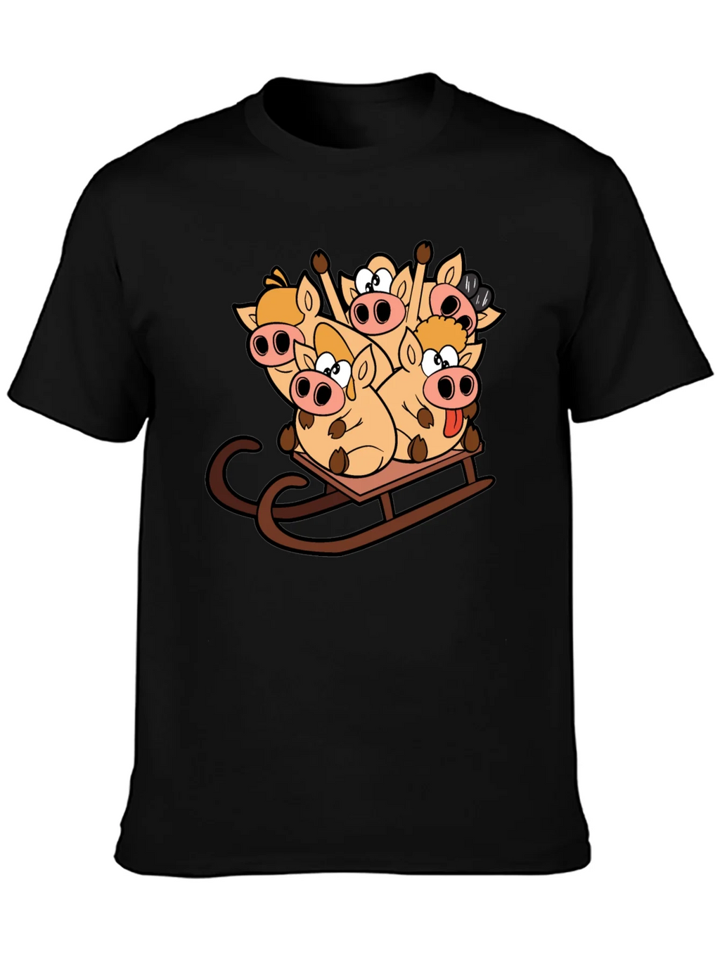 Funny Pigs on Sled Black T-Shirt product image 3