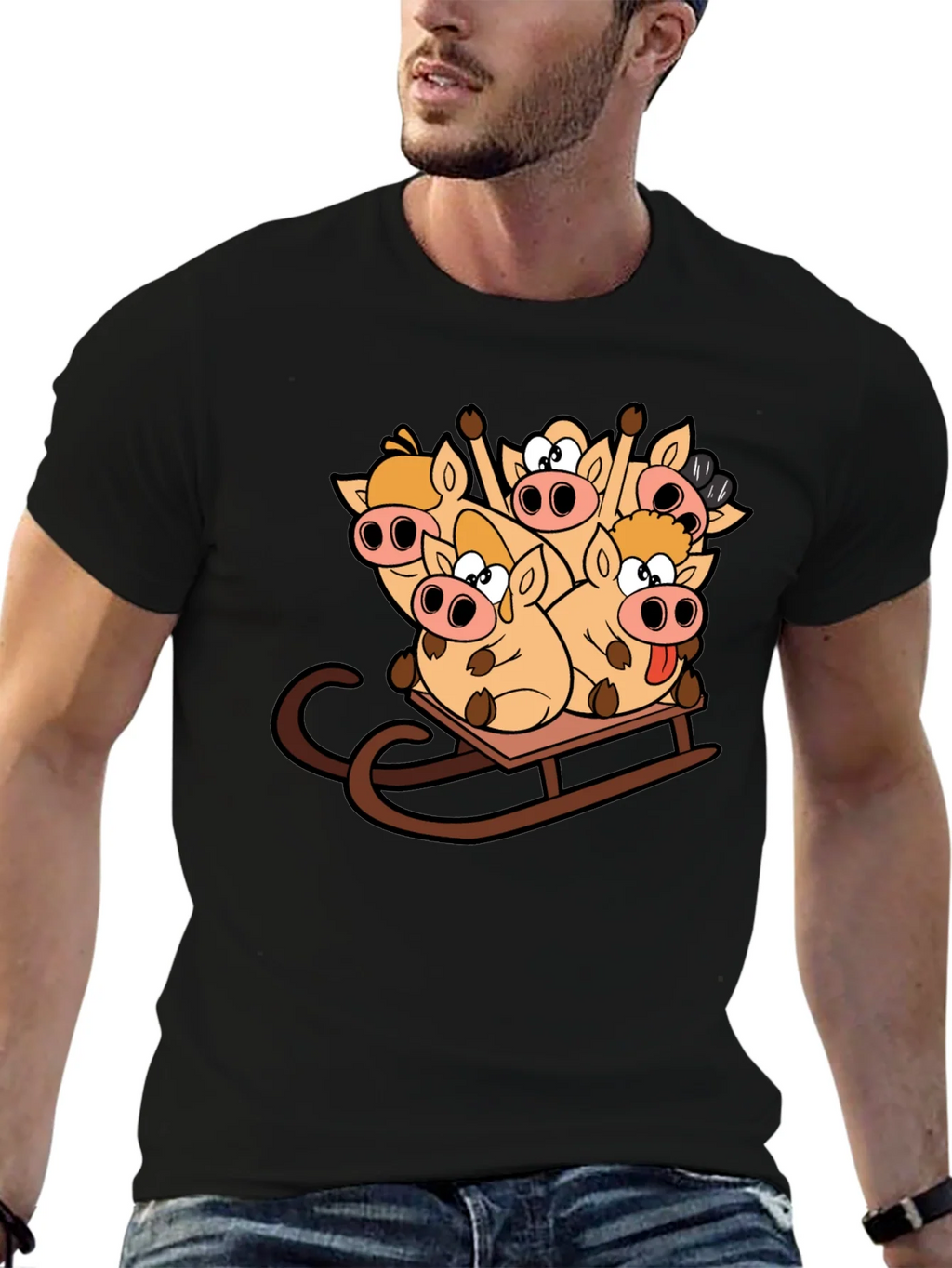 Funny Pigs on Sled Black T-Shirt product image 6