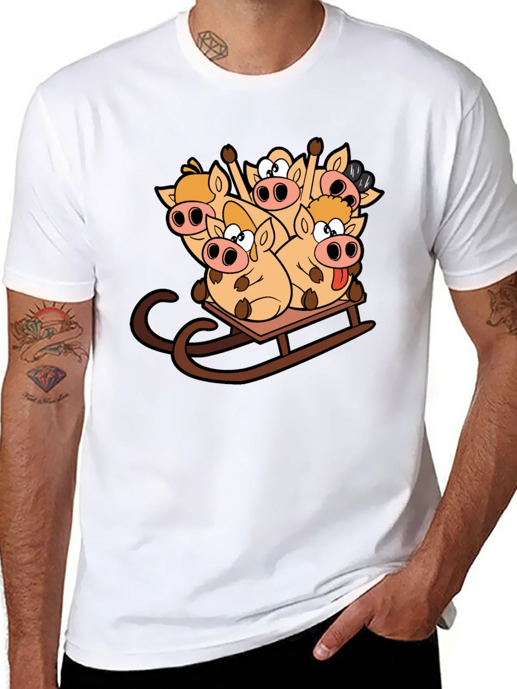 Funny Pigs on Sled Black T-Shirt product image 7