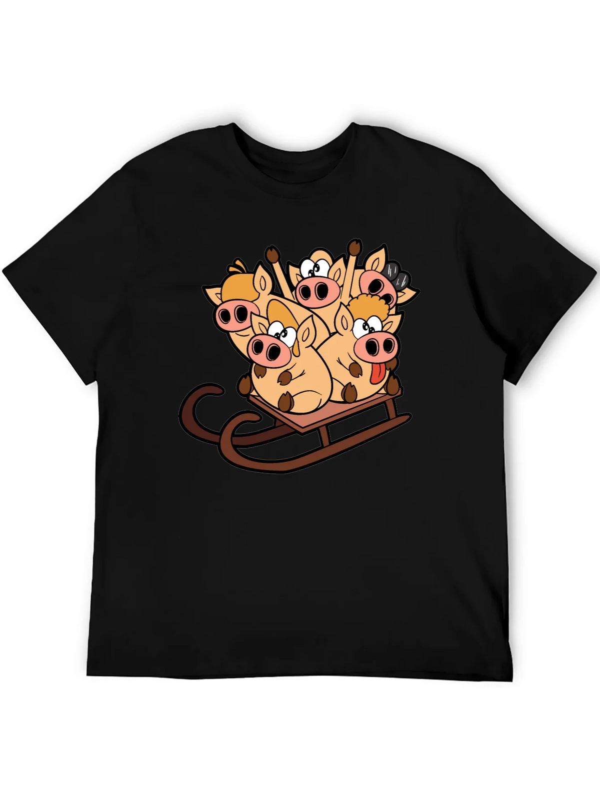 Funny Pigs on Sled Black T-Shirt product image 5