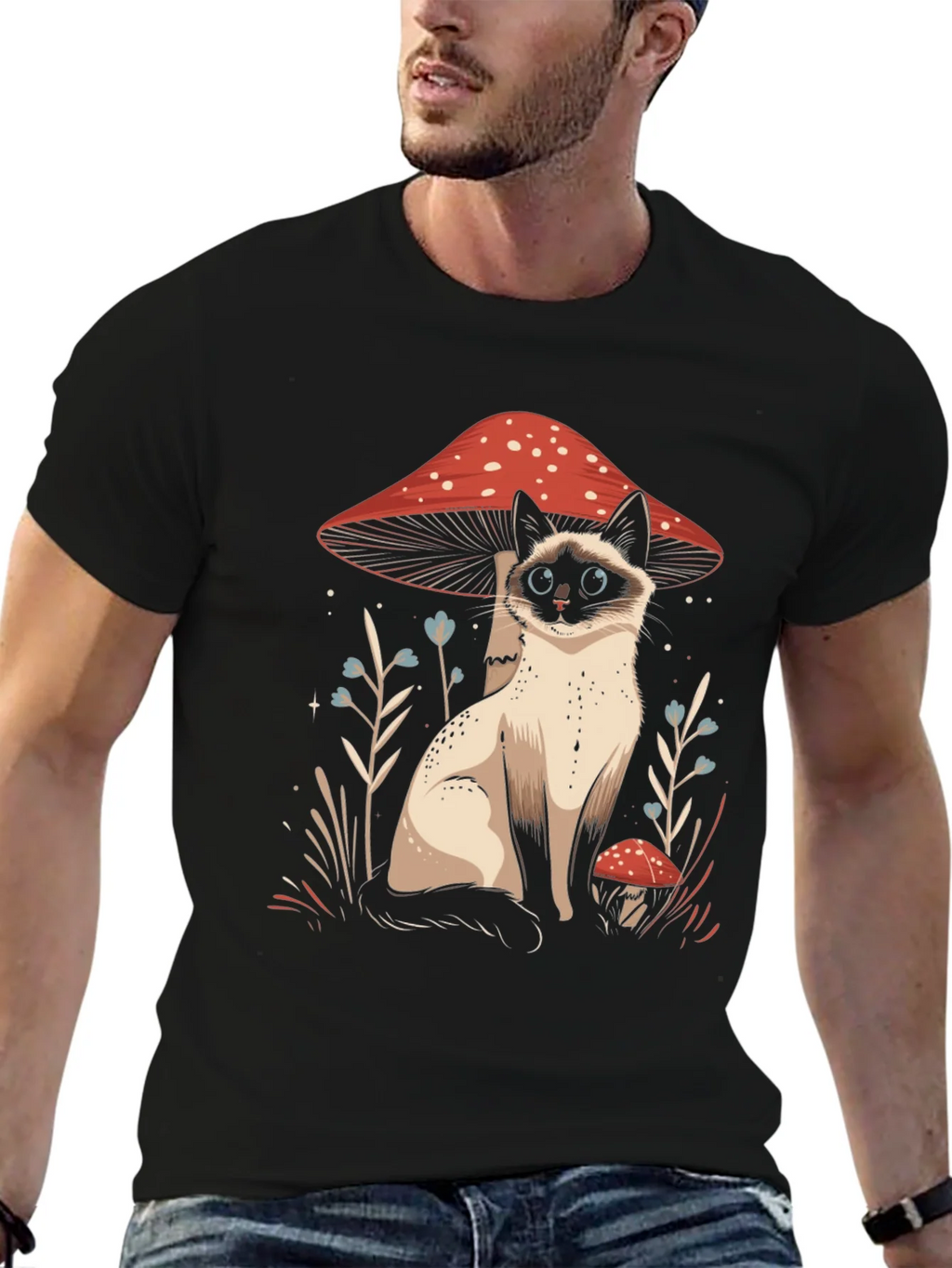 Cat and Mushroom Graphic Tee - Black Cotton product image 6