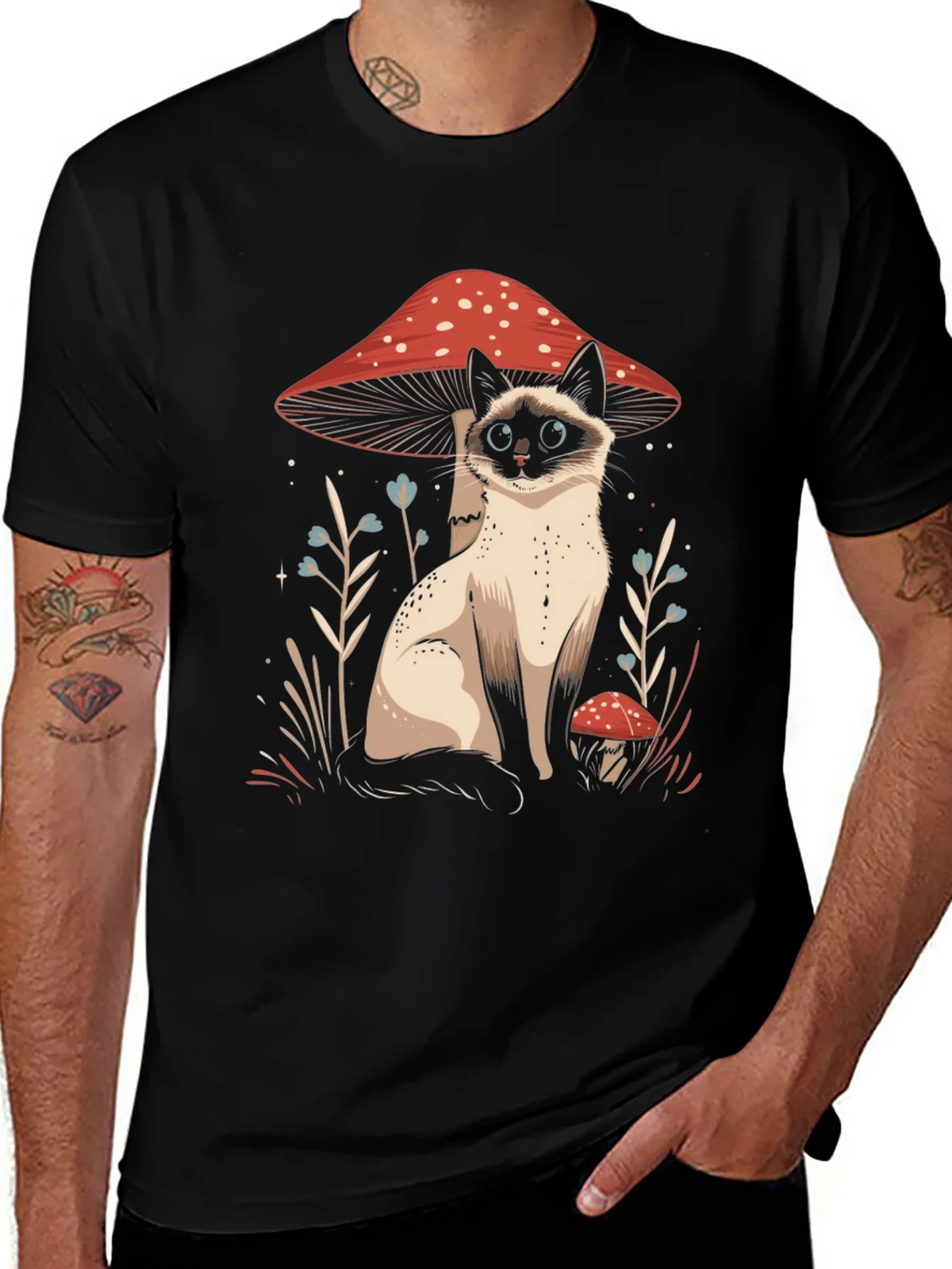Cat and Mushroom Graphic Tee - Black Cotton product image 1