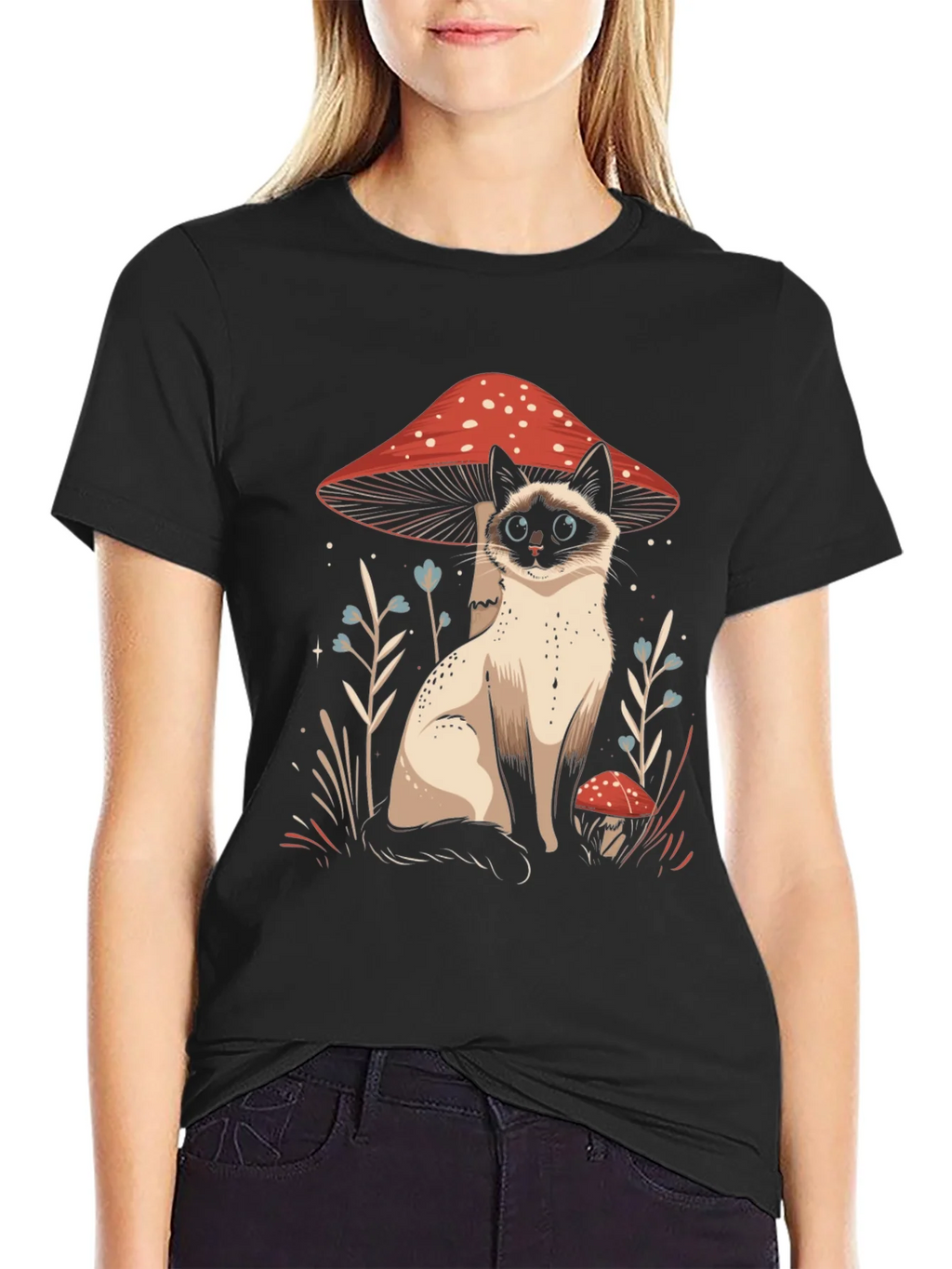 Cat and Mushroom Graphic Tee - Black Cotton product image 2