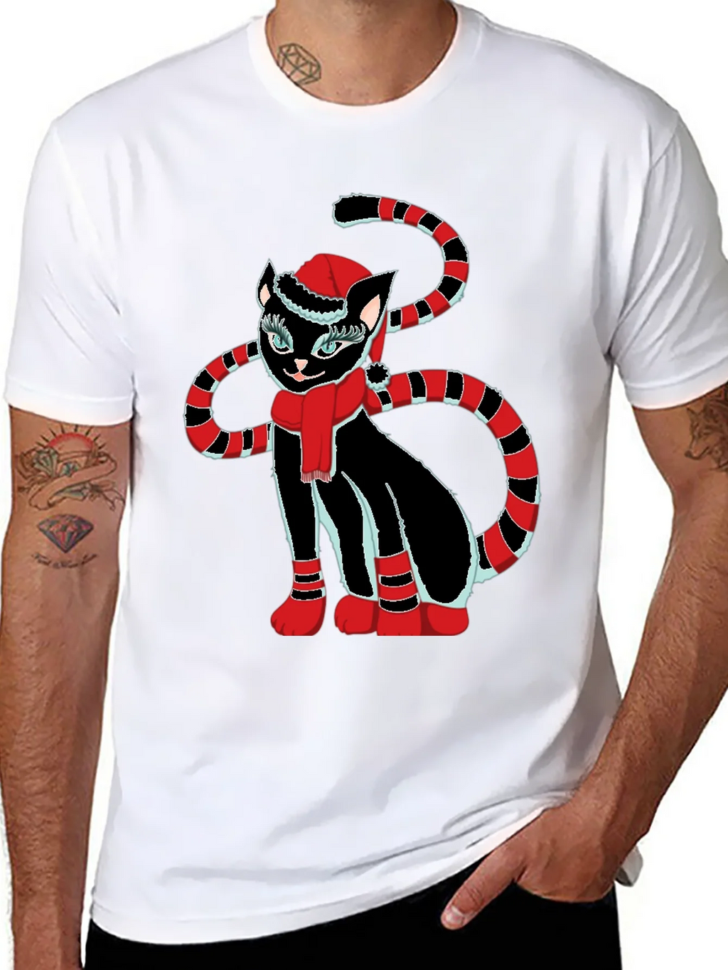 Festive Cat T-Shirt - Black with Holiday Design product image 7