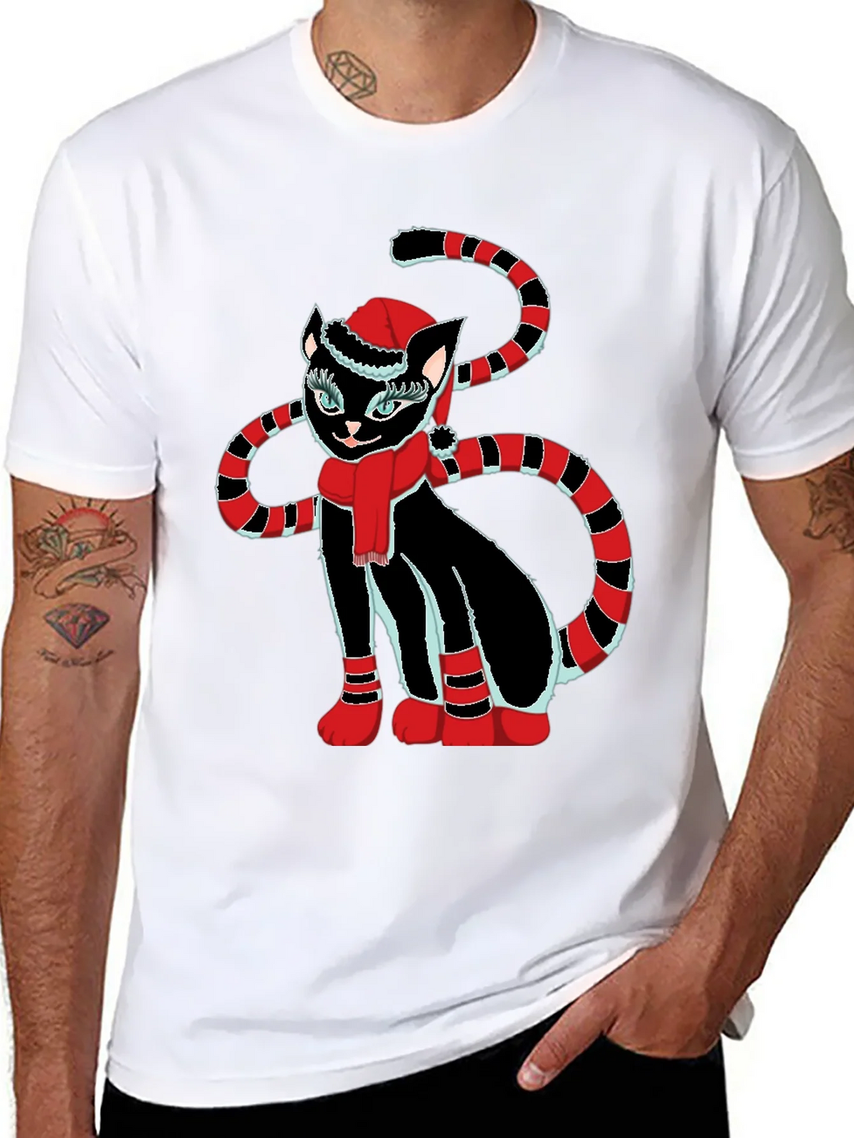 Festive Cat T-Shirt - Black with Holiday Design product image 7