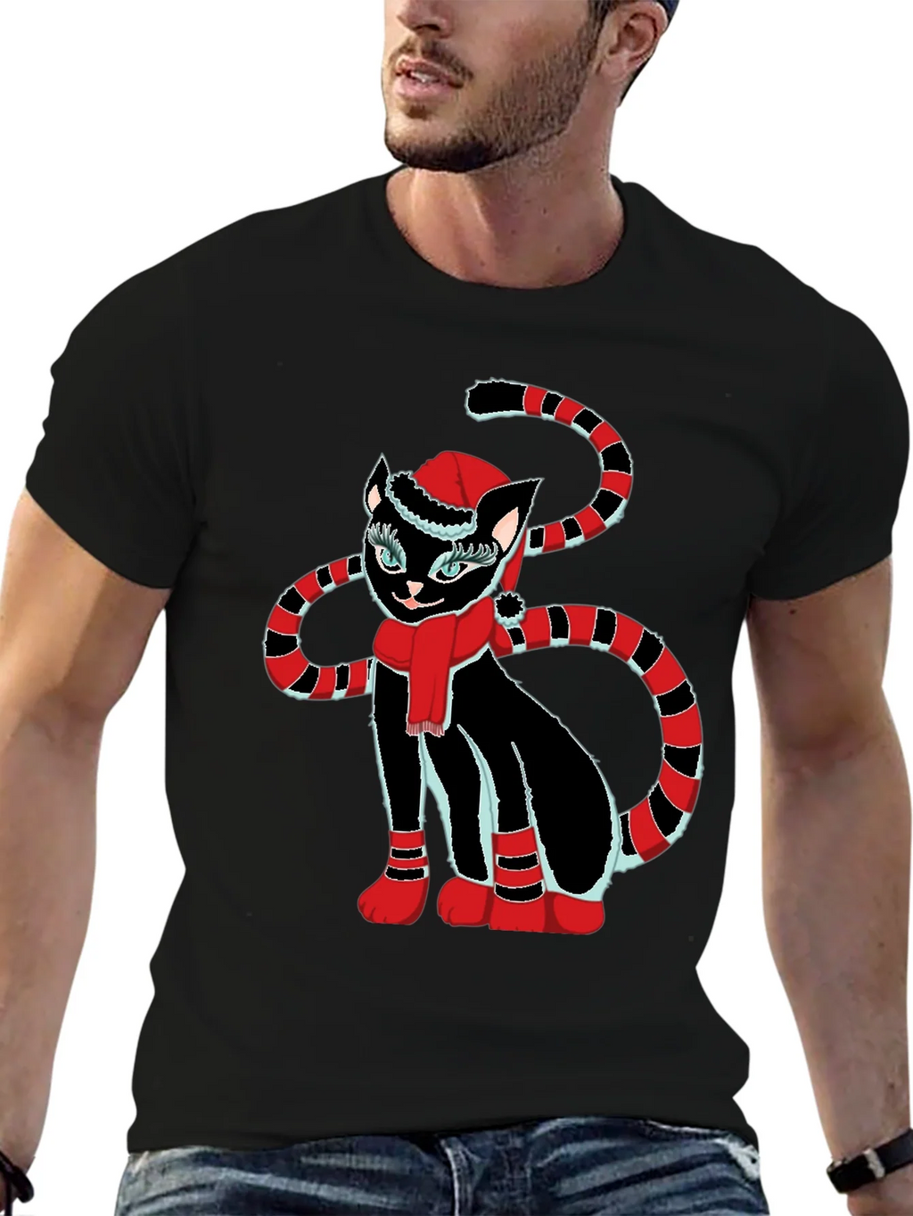 Festive Cat T-Shirt - Black with Holiday Design product image 6