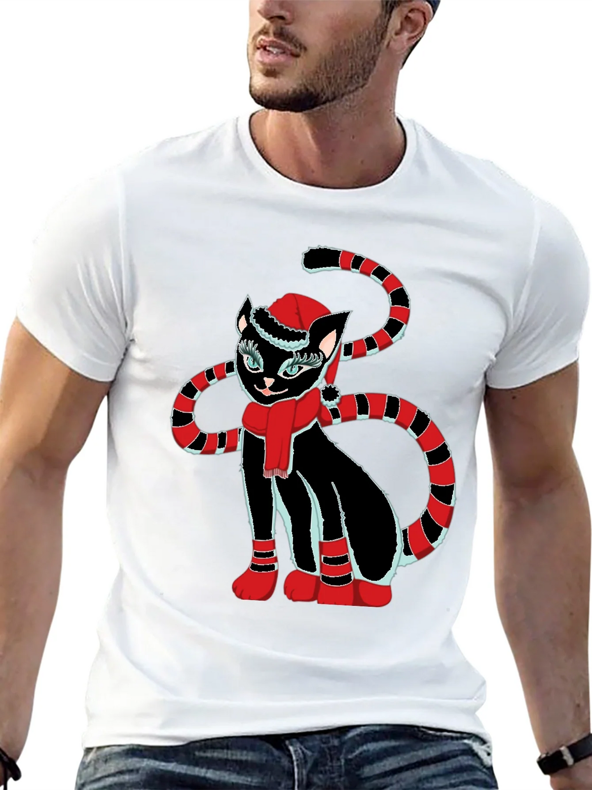 Festive Cat T-Shirt - Black with Holiday Design product image 12