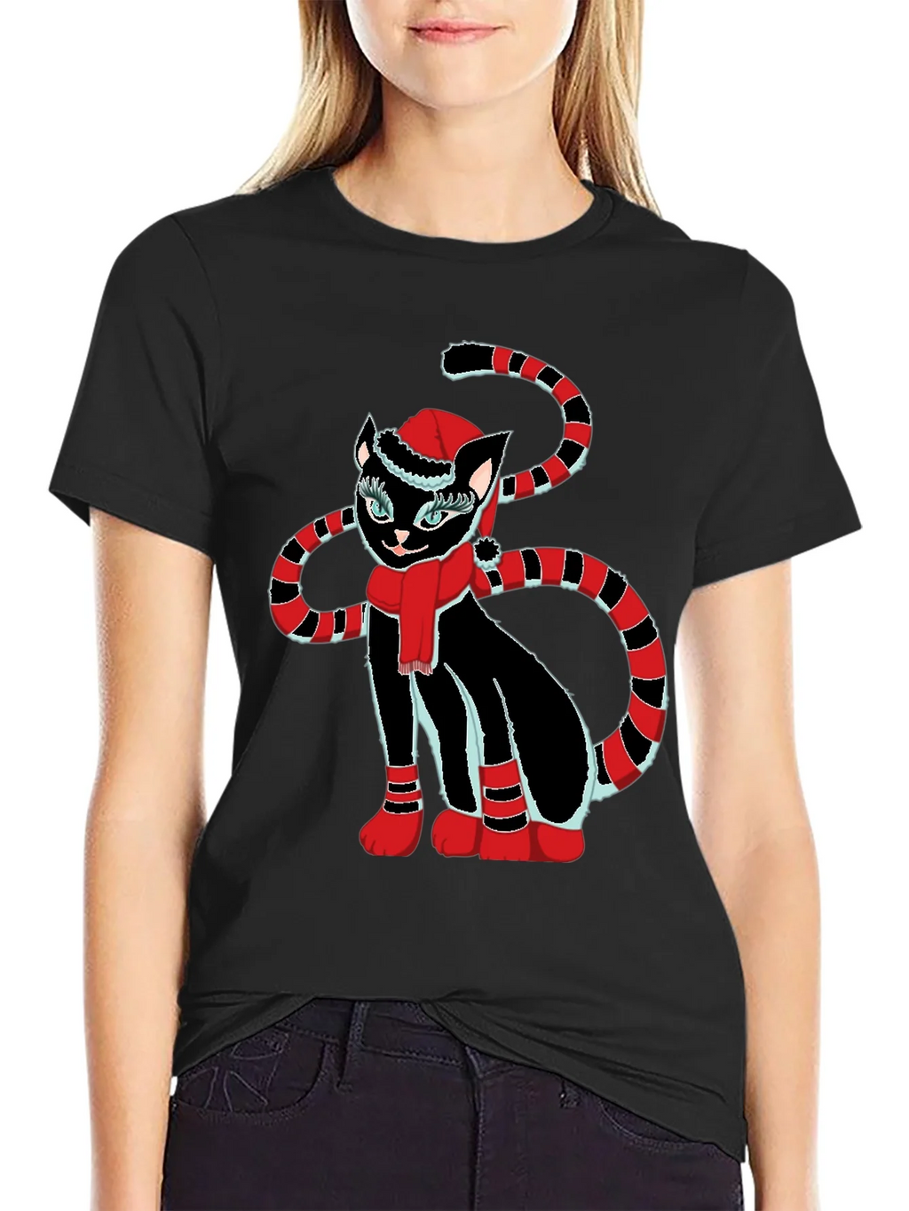 Festive Cat T-Shirt - Black with Holiday Design product image 2