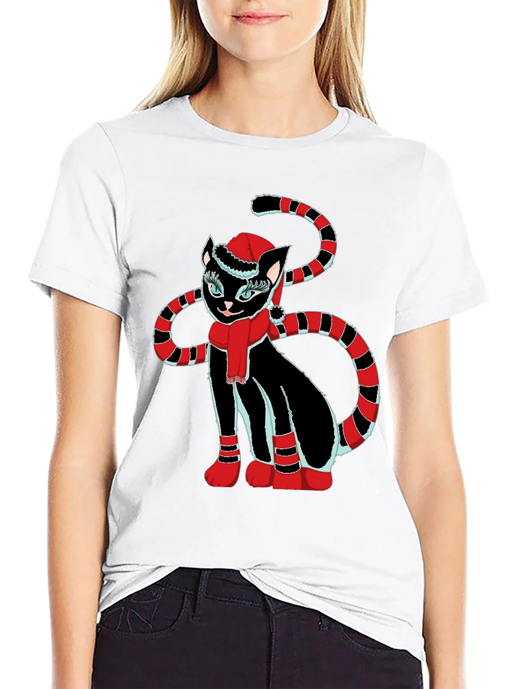 Festive Cat T-Shirt - Black with Holiday Design product image 8