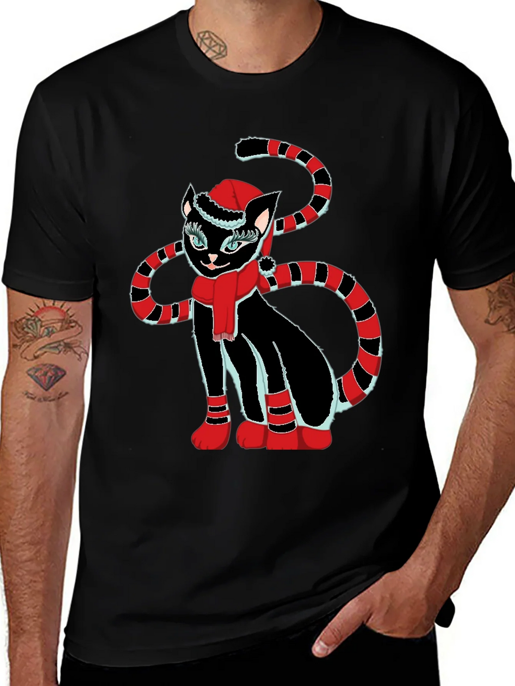 Festive Cat T-Shirt - Black with Holiday Design product image 1