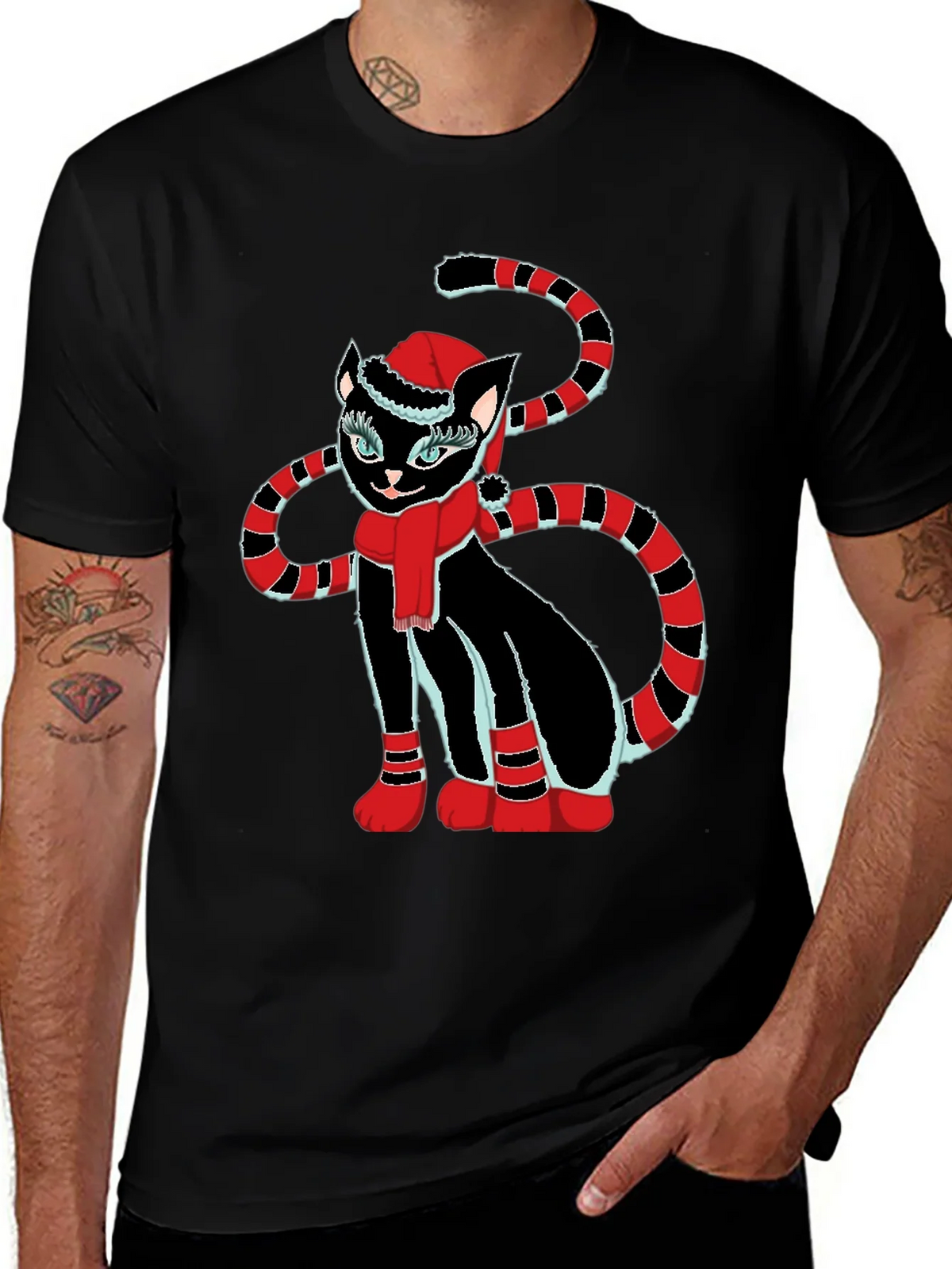 Festive Cat T-Shirt - Black with Holiday Design product image 1