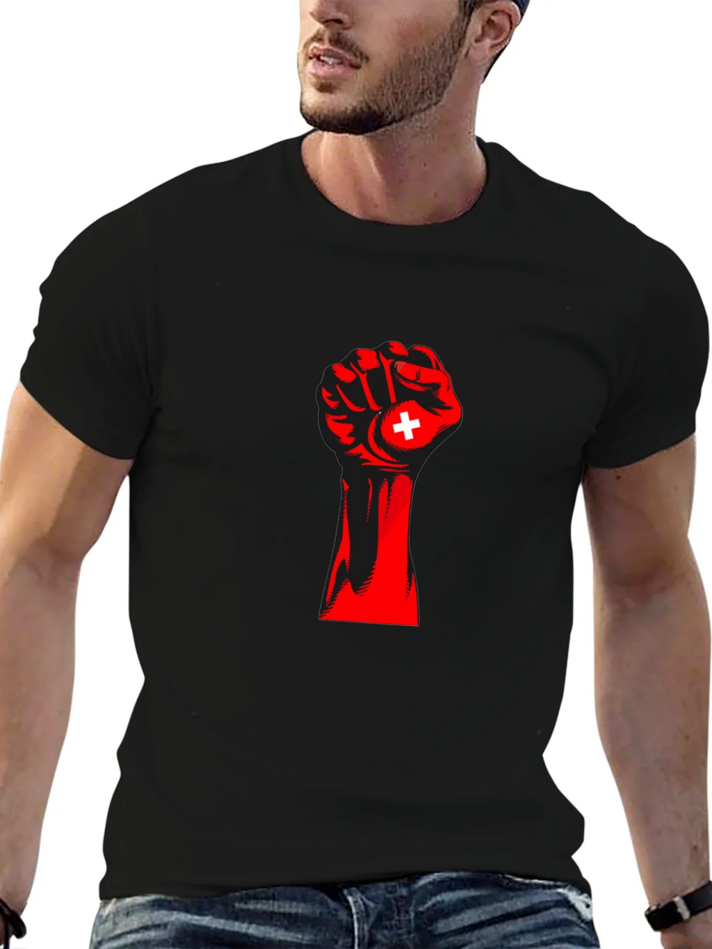 Red Fist Switzerland Flag Graphic Tee product image 6