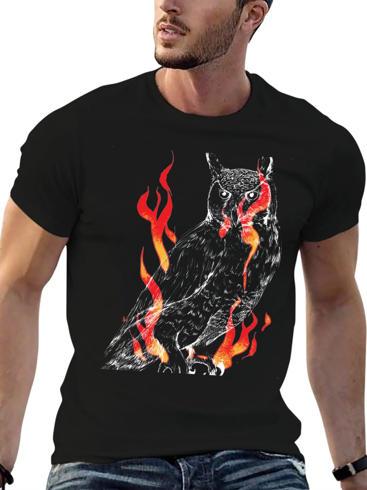 Fiery Owl Graphic Black T-Shirt product image 6