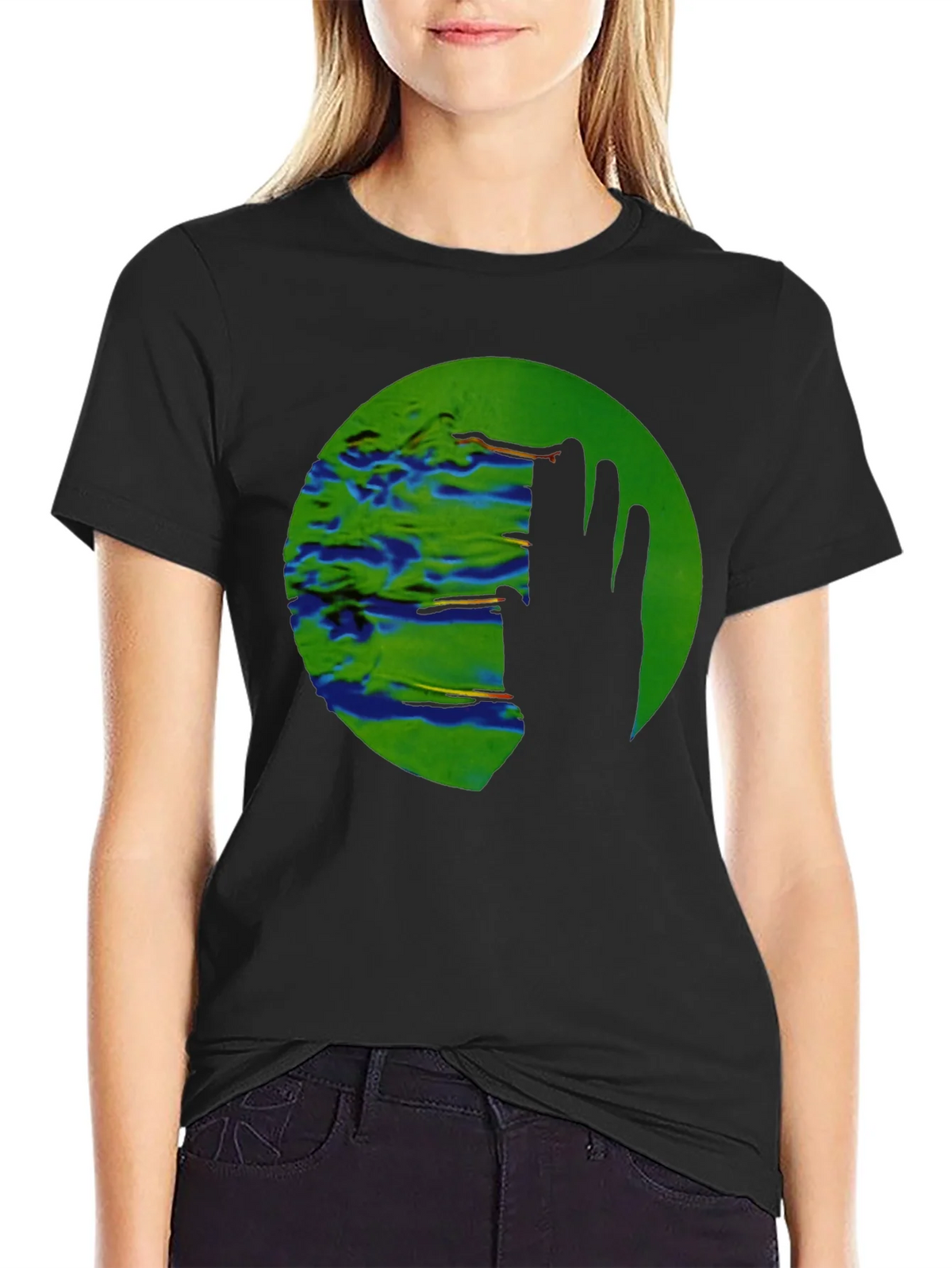 Abstract Green Circle Graphic Print Black T-Shirt product image 2