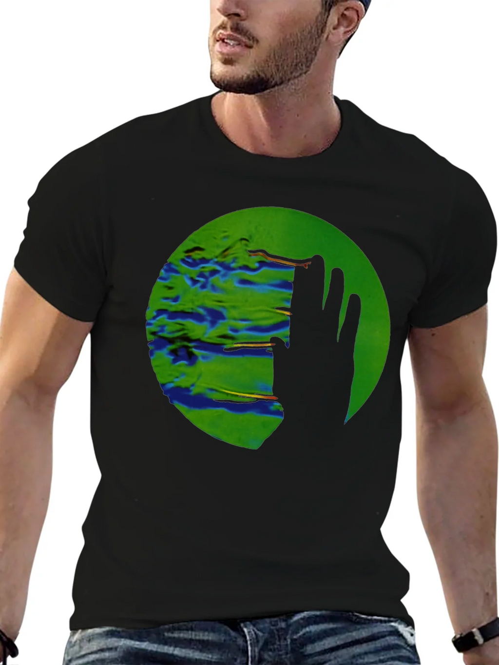 Abstract Green Circle Graphic Print Black T-Shirt product image 6