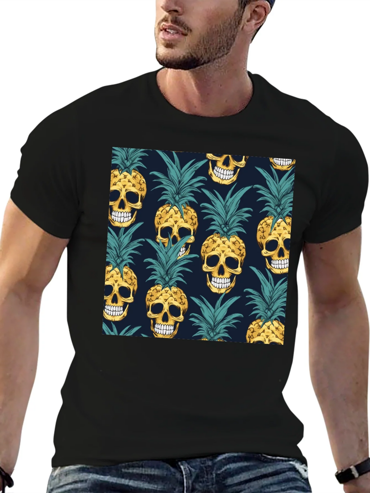 Skull Pineapple Print Black T-Shirt product image 6