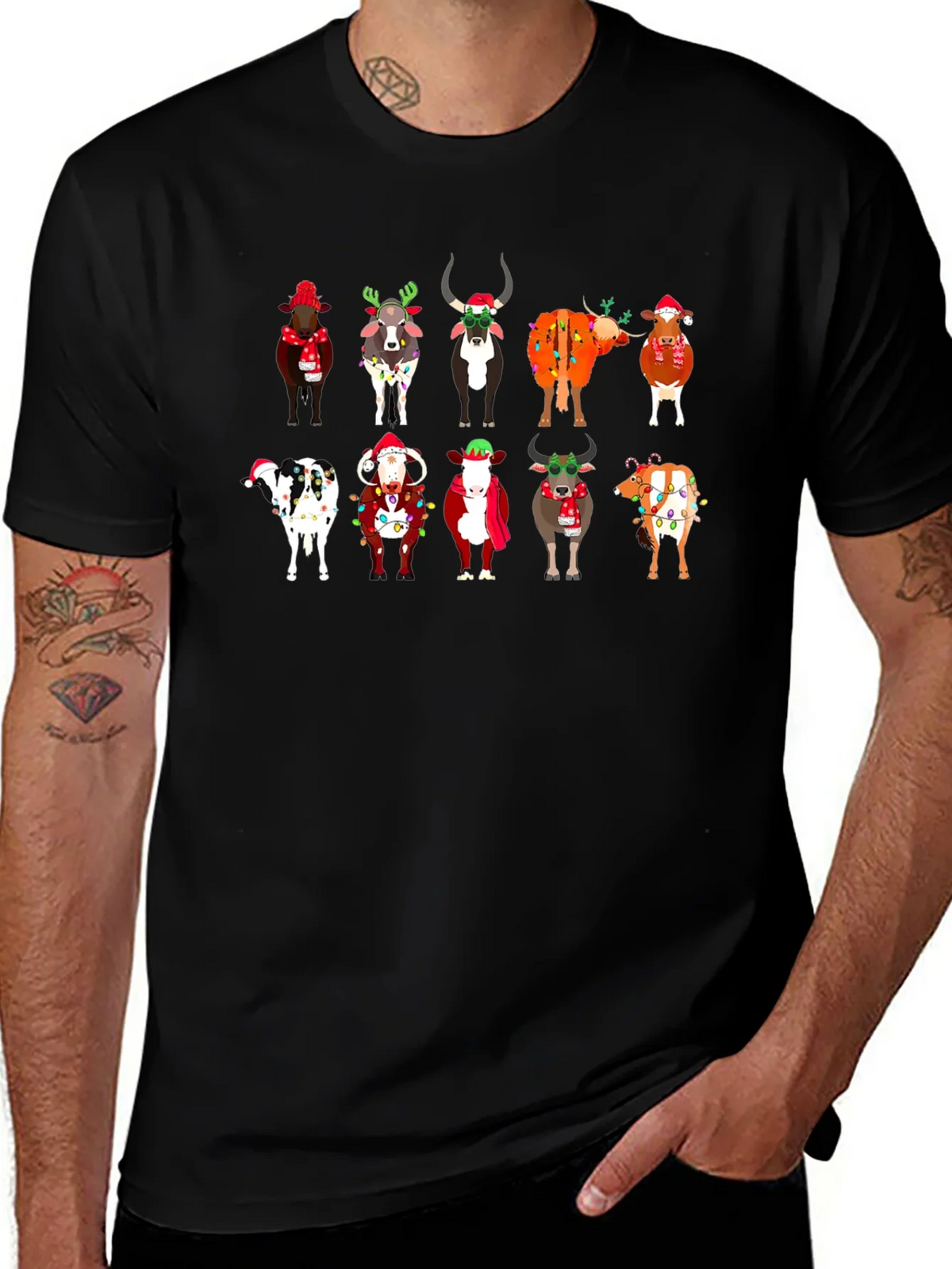 Festive Christmas Cows Black T-Shirt product image 1