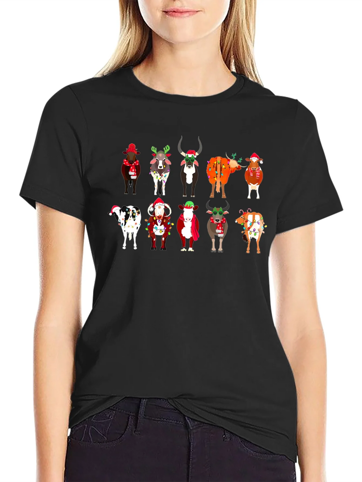 Festive Christmas Cows Black T-Shirt product image 2