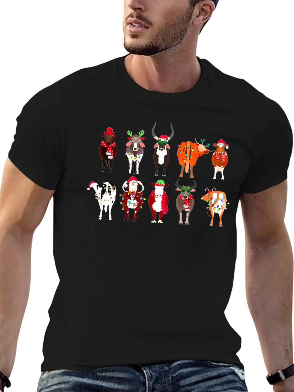 Festive Christmas Cows Black T-Shirt product image 6