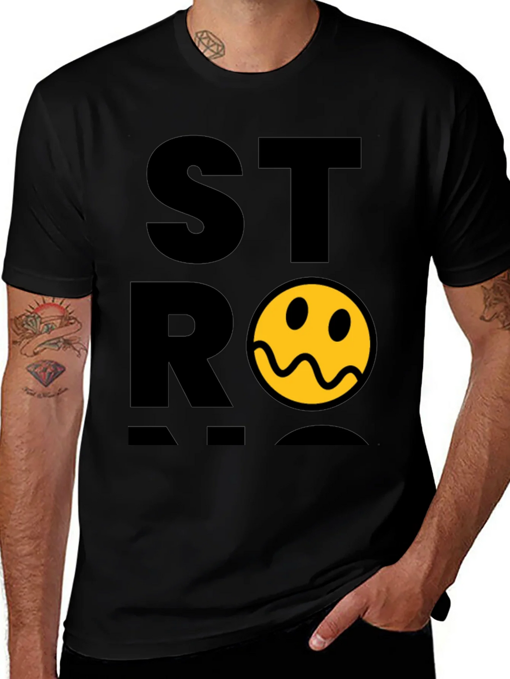 Stylish Black T-Shirt with Distorted Smiley Graphic product image 1