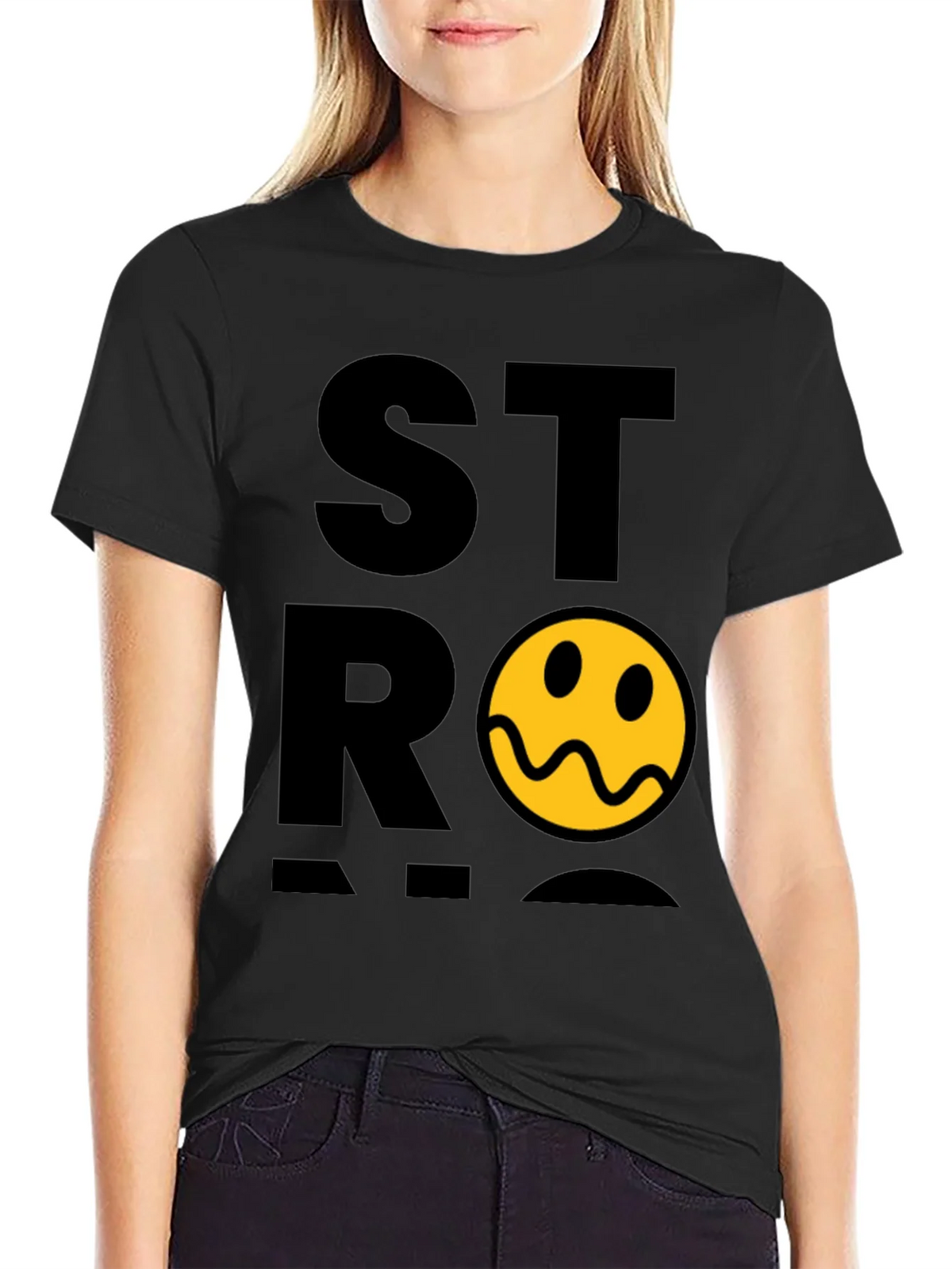 Stylish Black T-Shirt with Distorted Smiley Graphic product image 2