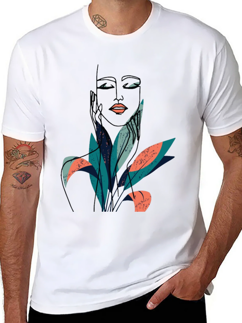 Abstract Face & Foliage Graphic Tee - Unisex Black T-Shirt product image 7