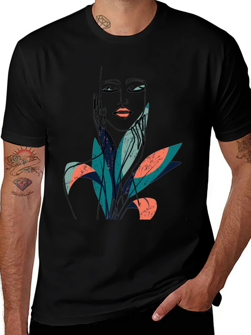 Abstract Face & Foliage Graphic Tee - Unisex Black T-Shirt product image 1