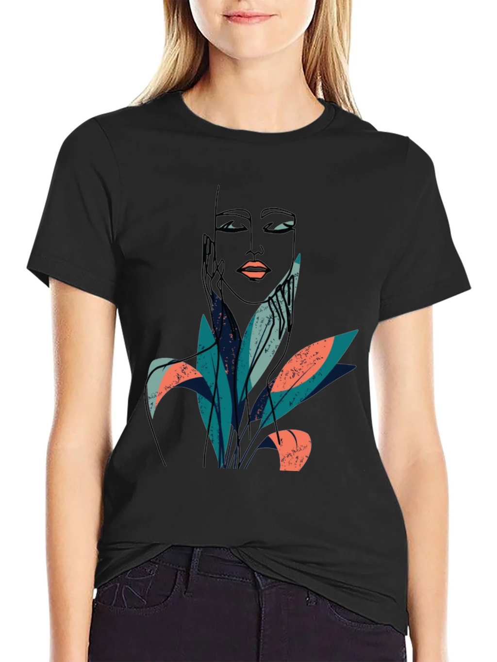 Abstract Face & Foliage Graphic Tee - Unisex Black T-Shirt product image 2