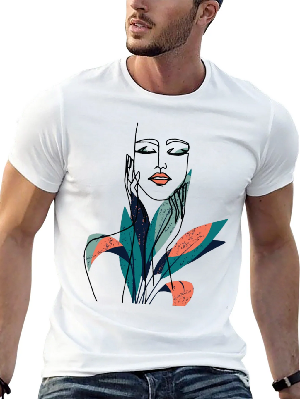Abstract Face & Foliage Graphic Tee - Unisex Black T-Shirt product image 12