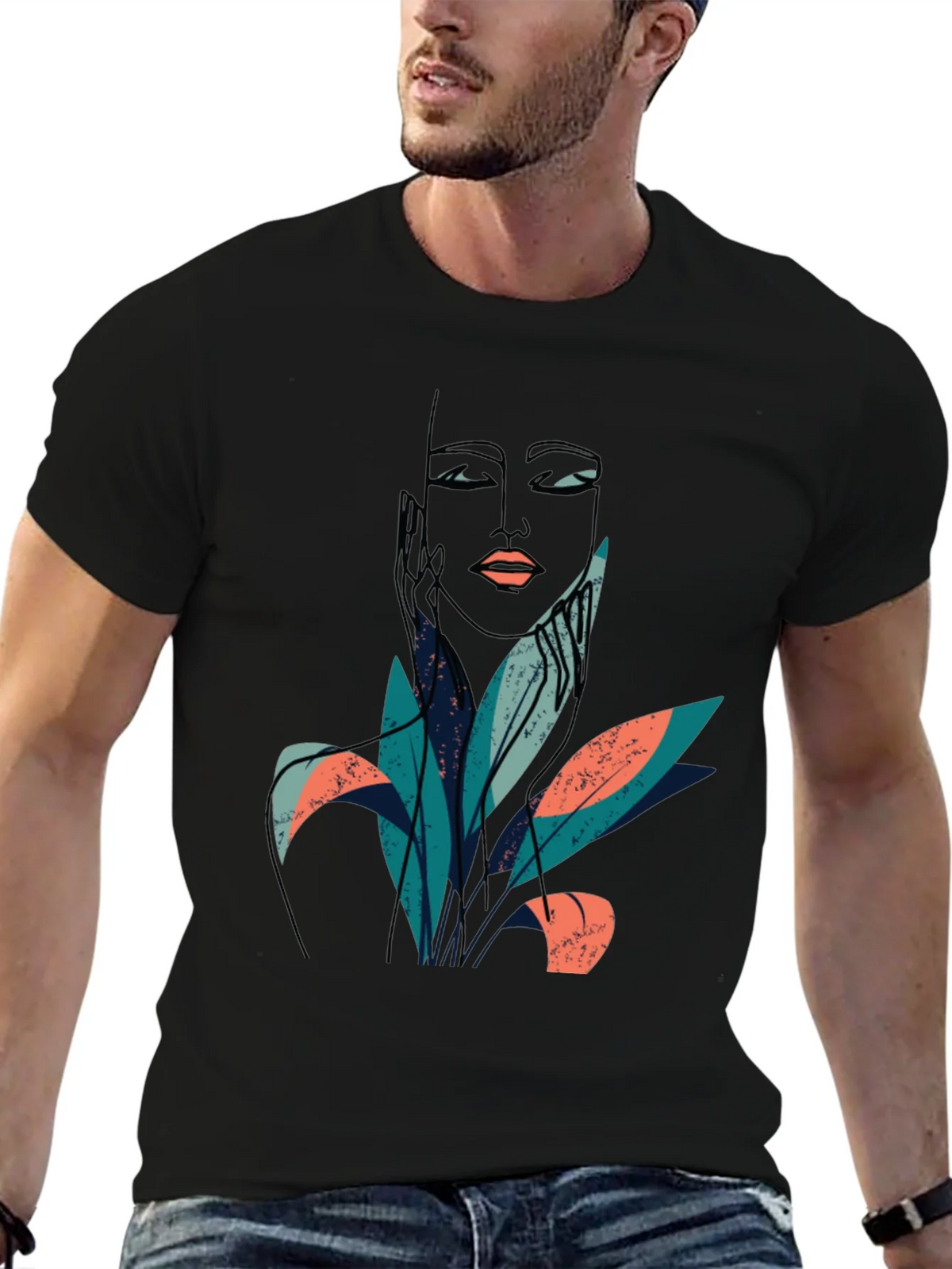 Abstract Face & Foliage Graphic Tee - Unisex Black T-Shirt product image 6